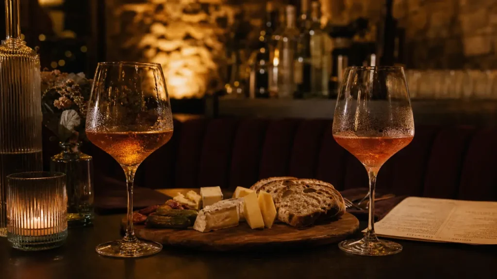 Bar à vin romantique paris, deux verres de vin, lumière douce, planche de fromages