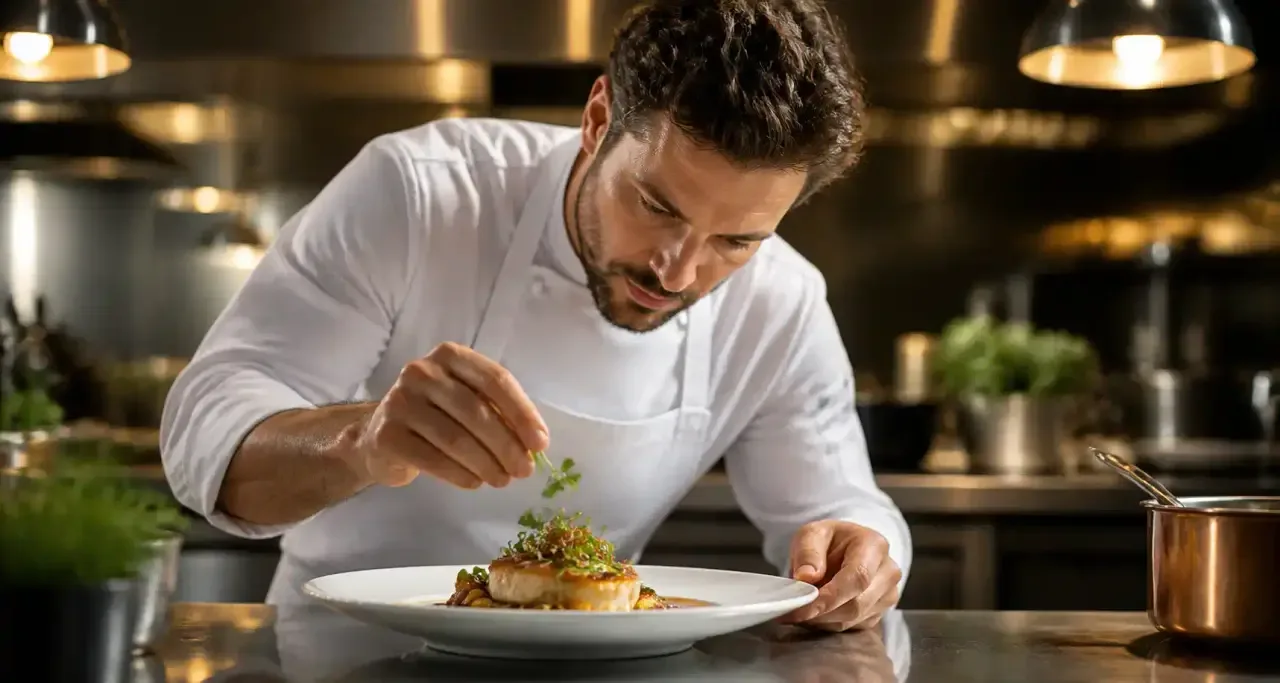 Chef dressant une assiette gastronomique en cuisine professionnelle