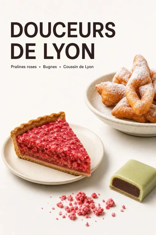 Spécialité lyonnaise sucré : praline rose, tarte aux pralines, bugnes et coussin de Lyon