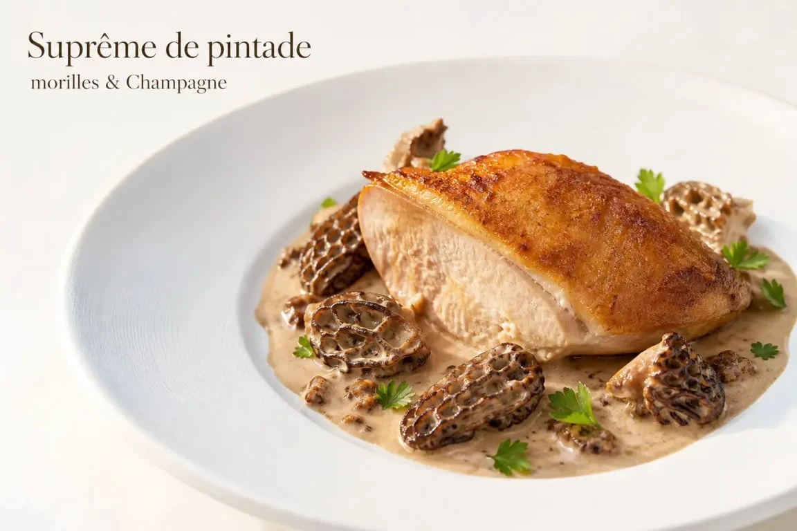 Suprême de pintade gastronomique avec sauce aux morilles et au Champagne