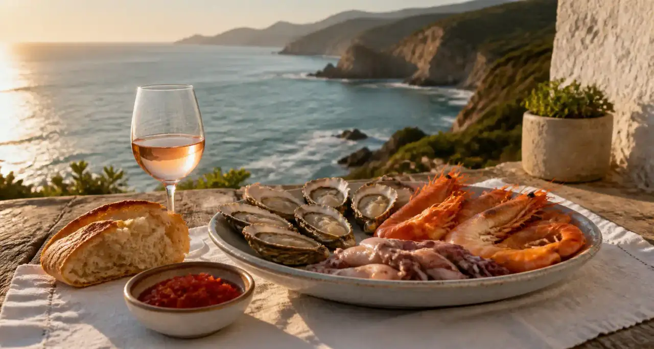 Table de fruits de mer dressée sur une terrasse face à l'océan Atlantique sur la côte basque au coucher du soleil