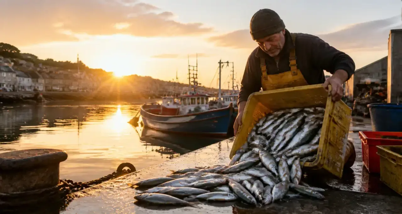 Pêcheur déchargeant des poissons sur le port au lever du soleil