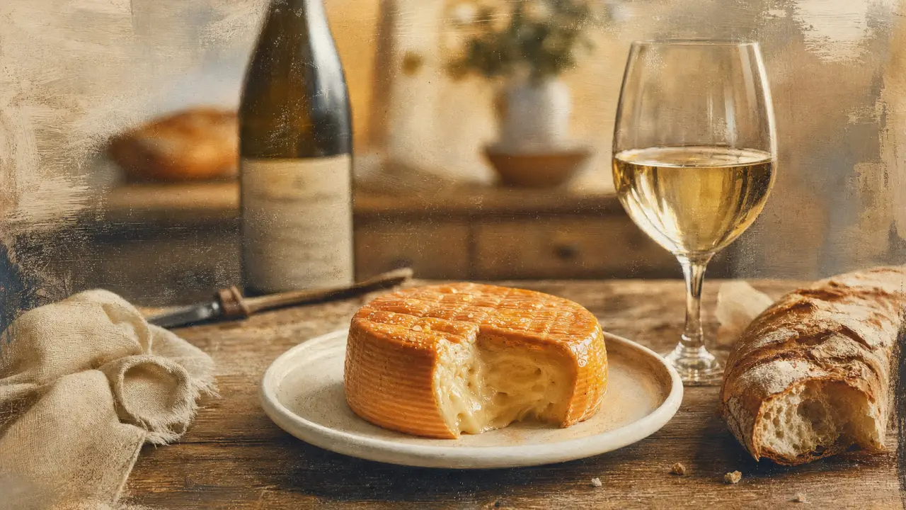 Quel vin avec le fromage epoisses ? Chardonnay : verre et Époisses sur table