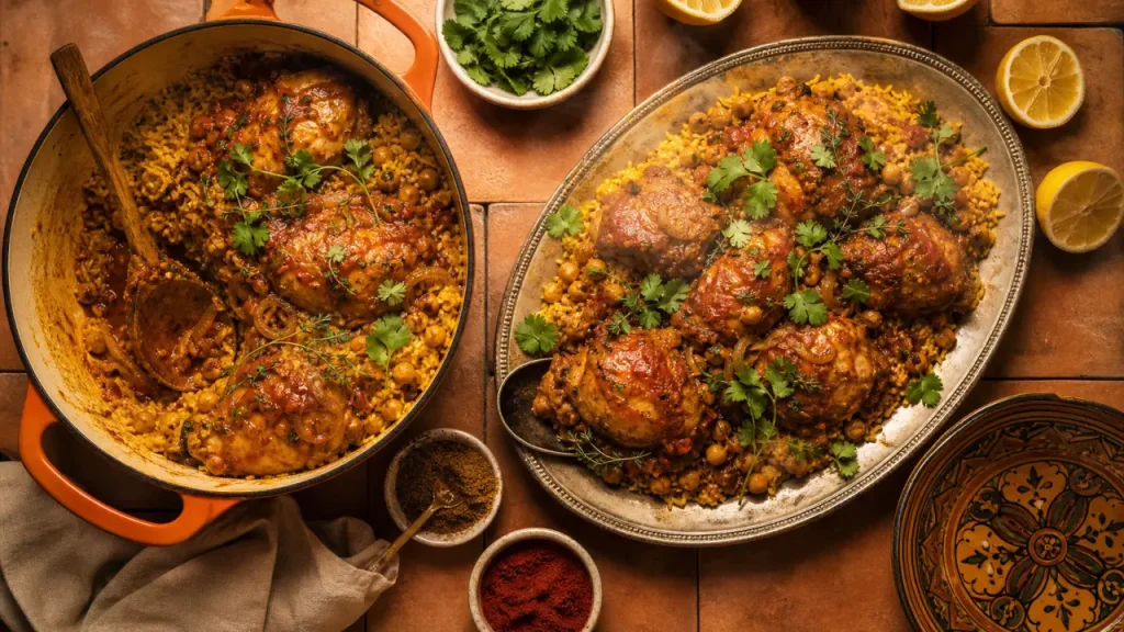 Recette au poulet marocain en cocotte au safran, riz et pois chiches