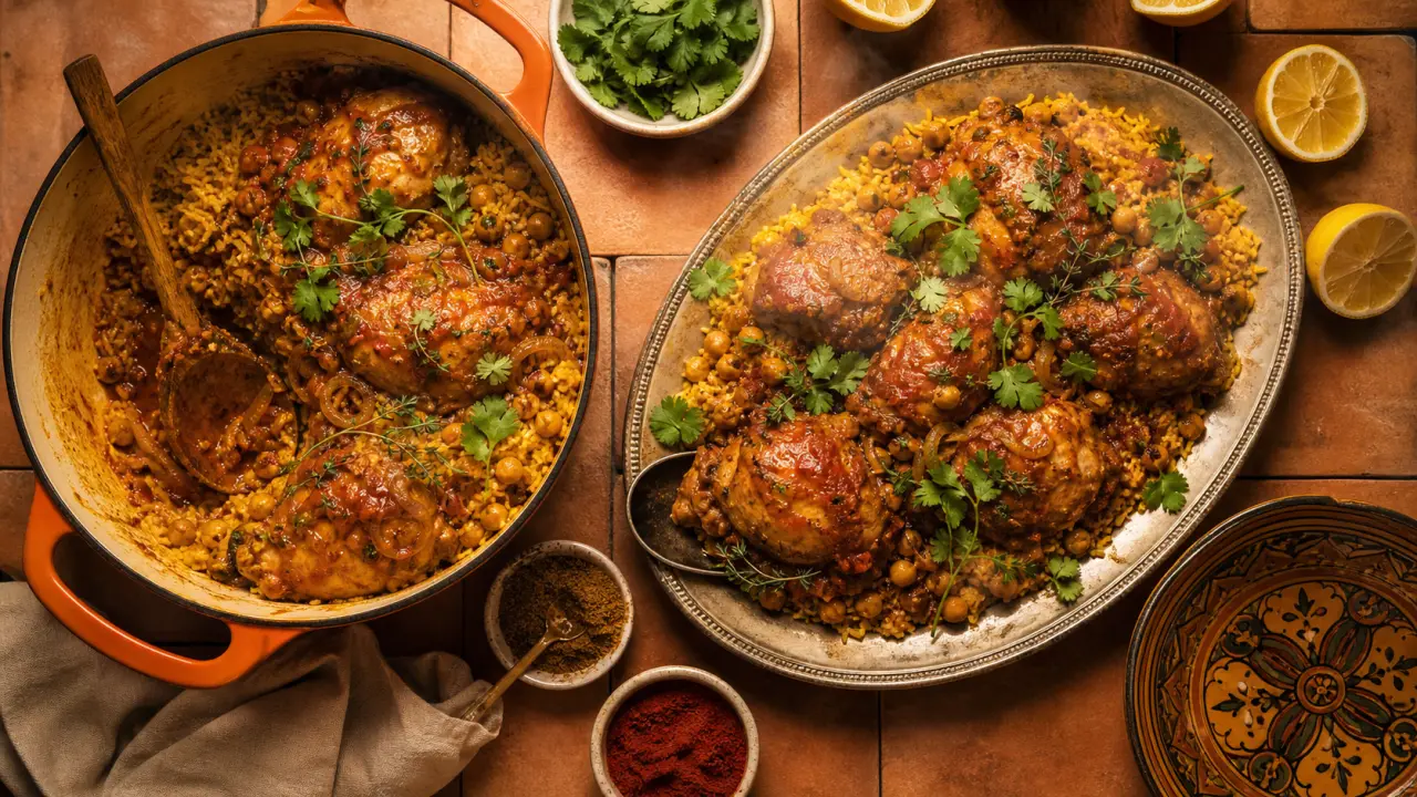 Recette au poulet marocain en cocotte au safran, riz et pois chiches