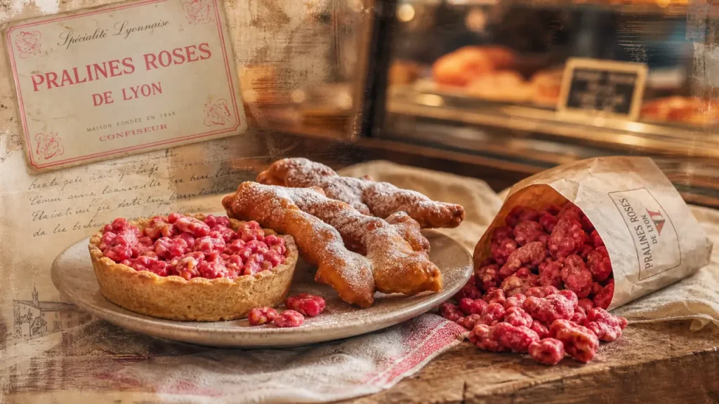 Spécialité lyonnaise sucré : praline rose et bugnes sur un comptoir