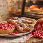Spécialité lyonnaise sucré : praline rose et bugnes sur un comptoir