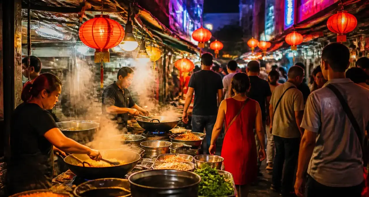 Ruelle de street food asiatique à l'ambiance nocturne vibrante