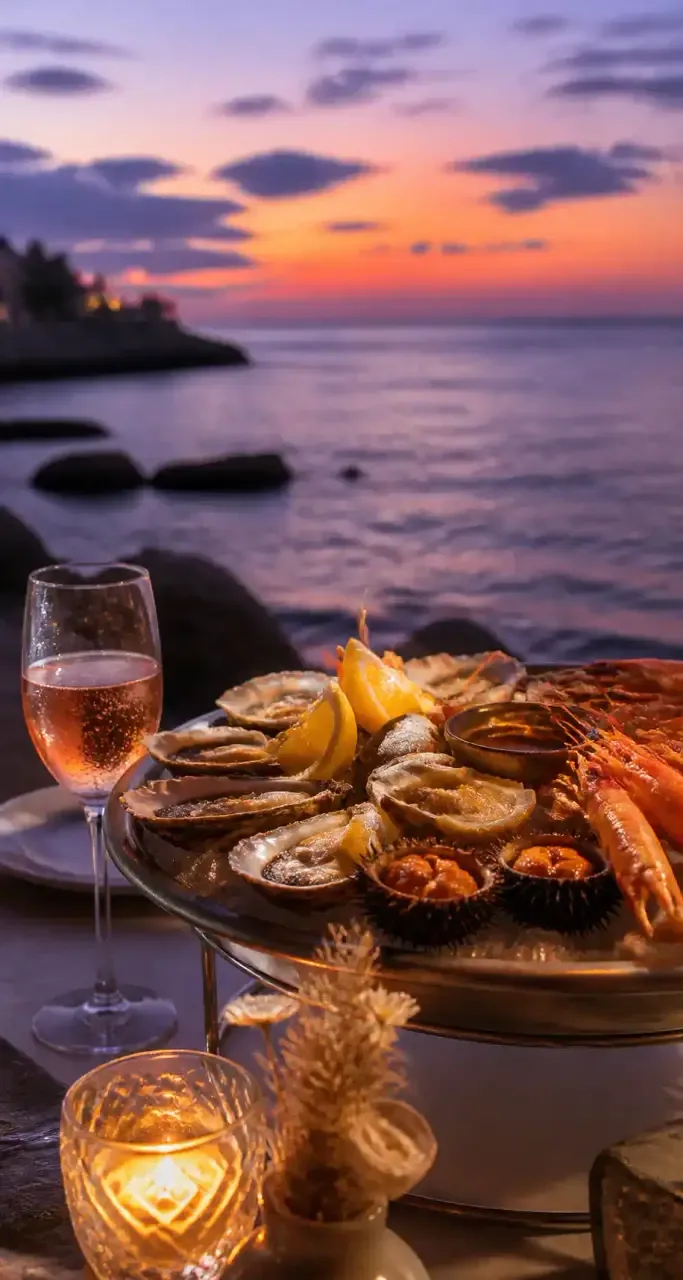 Table de fruits de mer au bord de la mer au crépuscule avec un verre de vin rosé