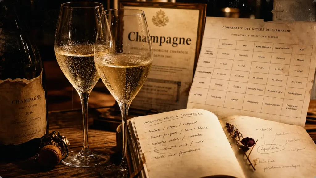 Vin ou champagne : verres avec bulles et étiquette Champagne