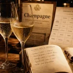 Vin ou champagne : verres avec bulles et étiquette Champagne