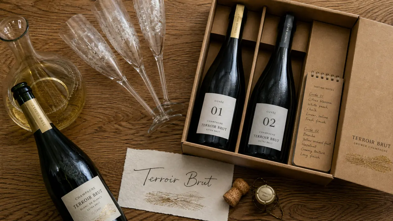 Champagne de producteur : cuvée et terroir, bouteilles et flûtes