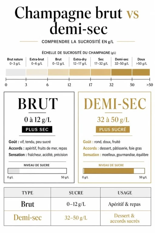 Infographie sur la différence brut et demi sec du champagne avec échelle de sucrosité et seuils en g/L
