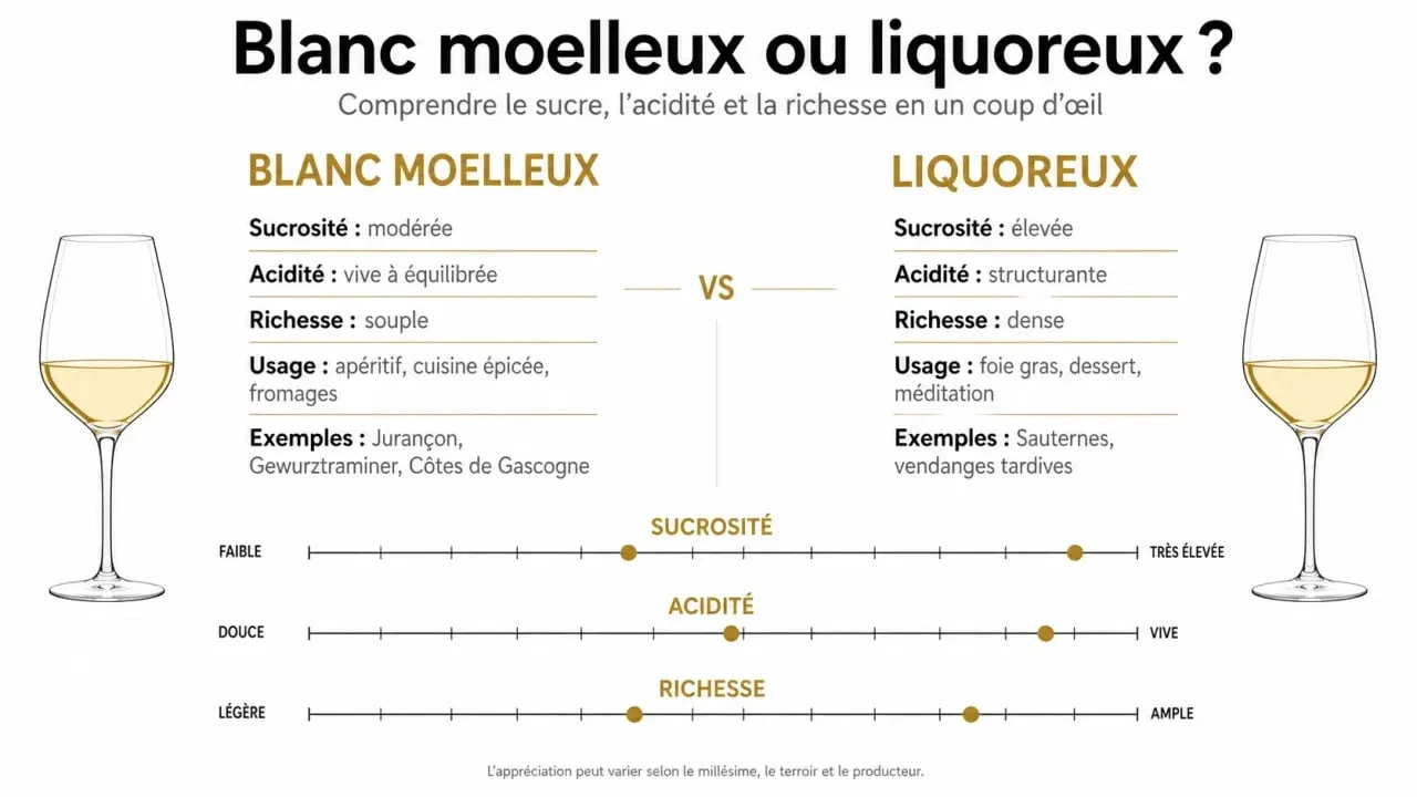 Blanc moelleux : comparaison entre moelleux et liquoreux, sucrosité, fraîcheur, usages et température de service