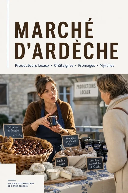 Spécialité ardèche : marché de producteurs avec châtaignes, picodon et caillettes