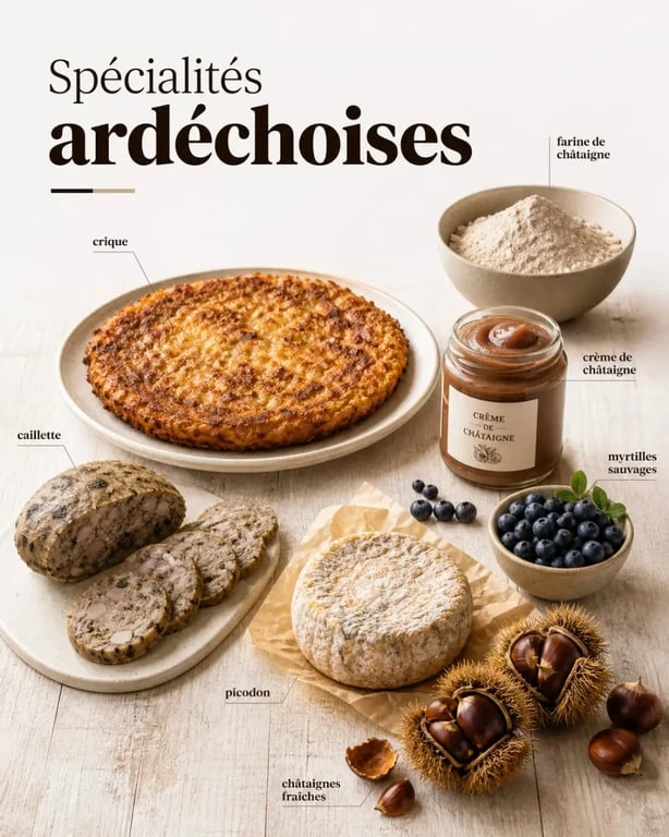 Spécialité ardèche : assortiment de crique, caillette, picodon et châtaigne sur table rustique