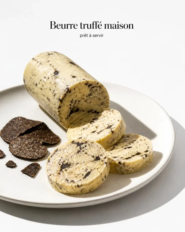 Beurre truffé maison tranché avec copeaux de truffe noire