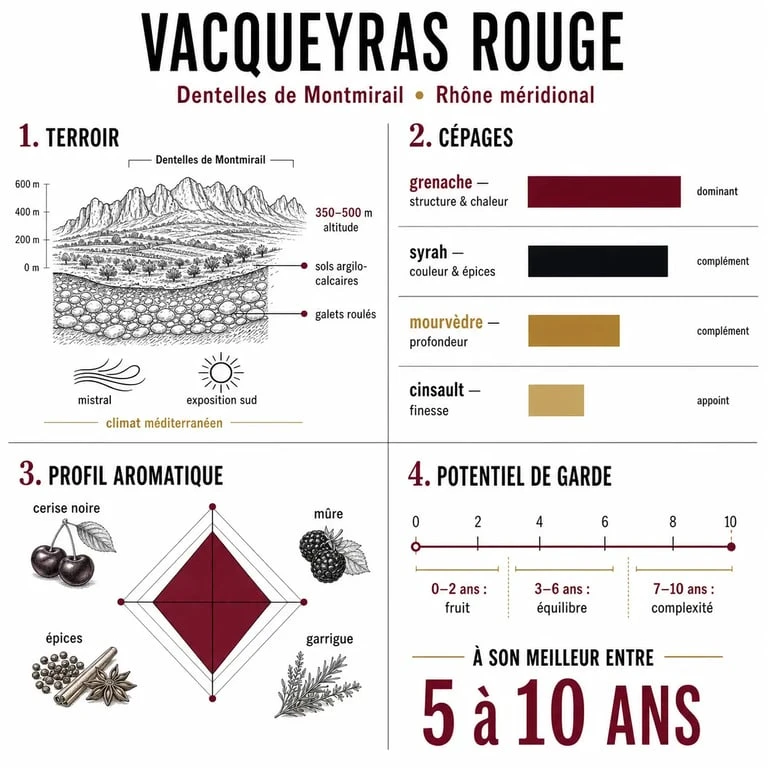 Vacqueyras vin rouge illustré par un visuel éditorial sur le terroir, les cépages et le profil aromatique