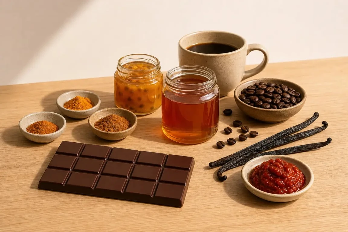 Produits reunion présentés en assortiment avec café, miel, épices, confiture et chocolat
