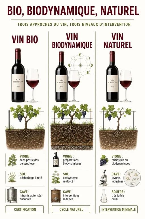 Vins des As vins bio biodynamiques naturels : comparaison visuelle entre vin bio, biodynamique et naturel