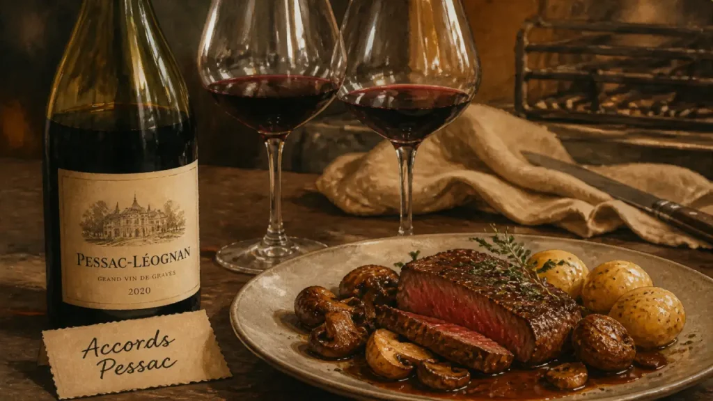 pessac leognan accord mets vins : bouteille et verres près d’un bœuf grillé