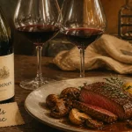 pessac leognan accord mets vins : bouteille et verres près d’un bœuf grillé
