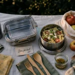 Pique nique zéro déchet : contenants verre et inox sur table de parc