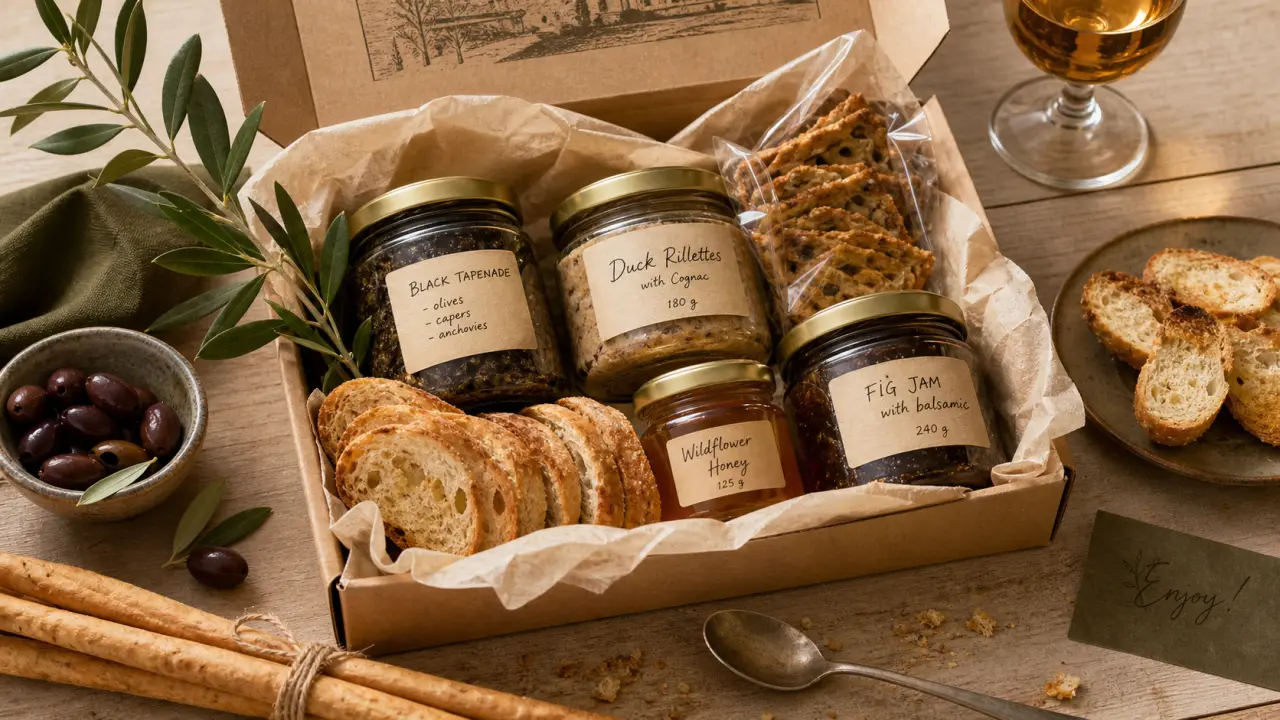 Coffret produit epicerie fine : mini-bocaux truffe, tartinables et miel, crackers artisanaux