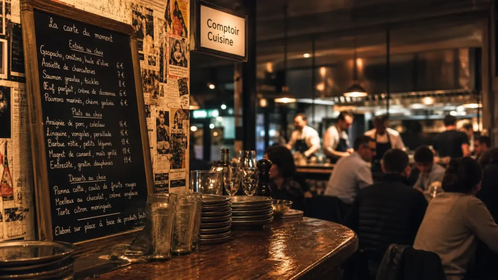 Restaurant comptoir cuisine Bordeaux : comptoir bois, verres embués, salle animée