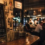 Restaurant comptoir cuisine Bordeaux : comptoir bois, verres embués, salle animée