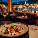 Restaurant gastronomique influence nice près du port, assiette et vins