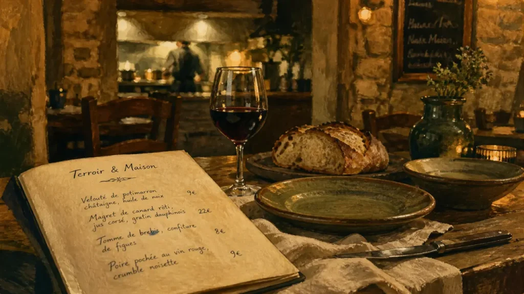 Restaurant périgord noir routard : table en bois dans un restaurant du Périgord Noir, lumière du soir