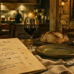 Restaurant périgord noir routard : table en bois dans un restaurant du Périgord Noir, lumière du soir