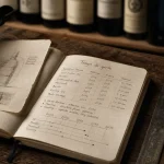 Tableau temps de garde des vins, bouteille et carnet en cave à vin.