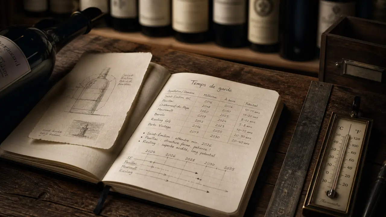 Tableau temps de garde des vins, bouteille et carnet en cave à vin.