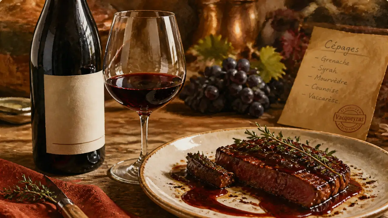 Vacqueyras vin rouge, bouteille et verre en dégustation