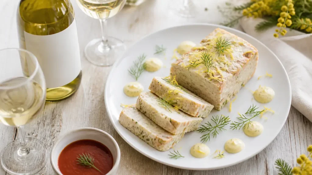 Vin avec pain de poisson sur assiette, sauce citronnée et aneth