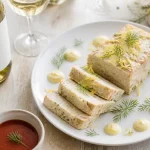 Vin avec pain de poisson sur assiette, sauce citronnée et aneth