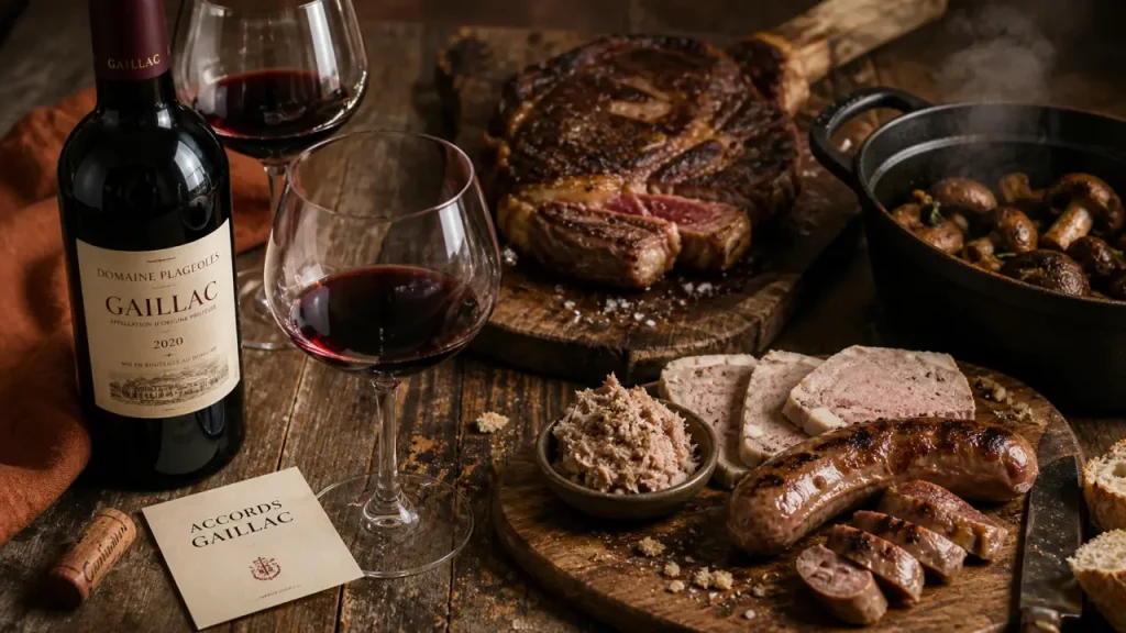 Vin gaillac rouge accompagnement : charcuteries et côte de bœuf avec verres et bouteille