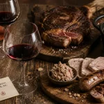 Vin gaillac rouge accompagnement : charcuteries et côte de bœuf avec verres et bouteille