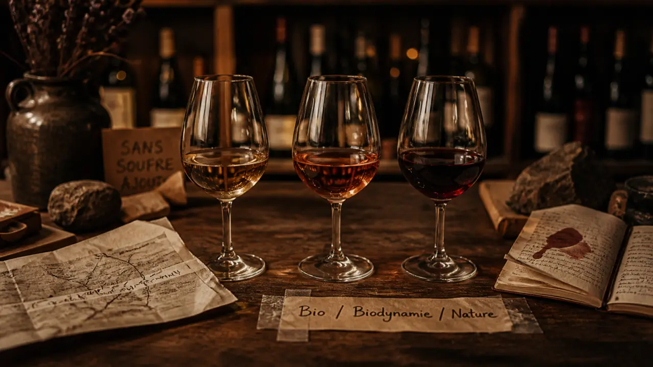 Vins des as vins bio biodynamiques naturels, verres de dégustation