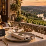 Belles perdrix : terrasse surplombant les vignes à Saint-Émilion