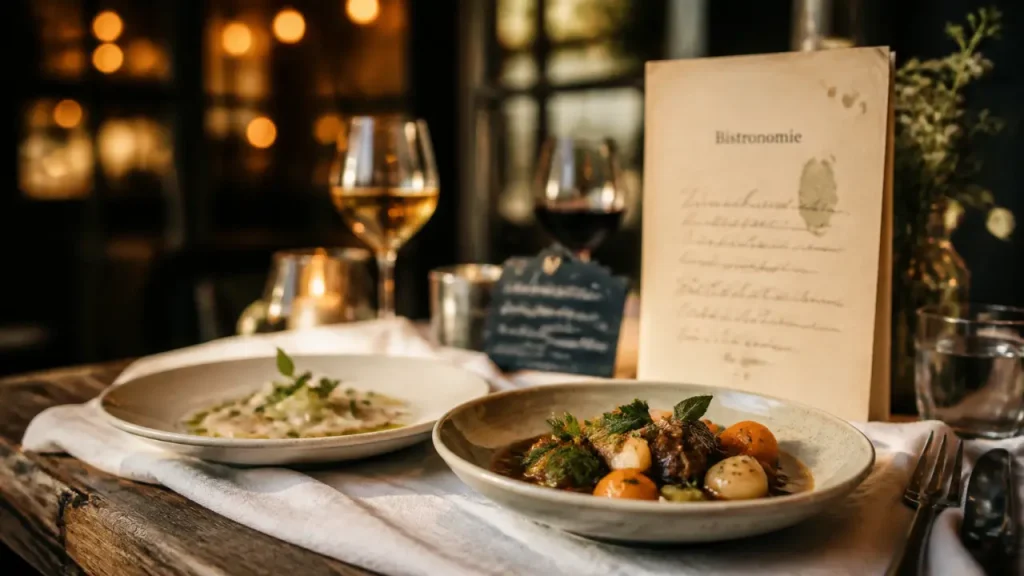 Table bistronomique : bistrot versus gastronomie, entrée et plat mijoté sur bois sombre