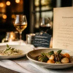 Table bistronomique : bistrot versus gastronomie, entrée et plat mijoté sur bois sombre