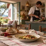 Cuisine du terroir pays basque à domicile : chef prépare un repas en villa