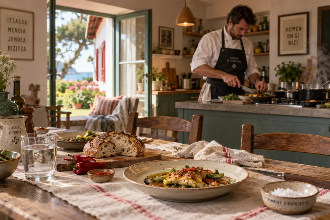 Cuisine du terroir pays basque à domicile : chef prépare un repas en villa