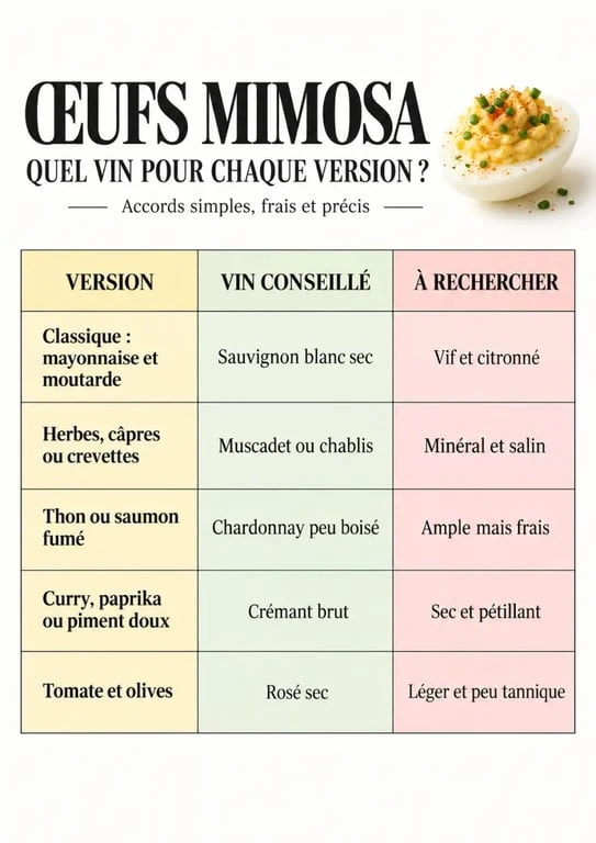 Quel vin servir avec des œufs mimosa : infographie des accords selon la garniture