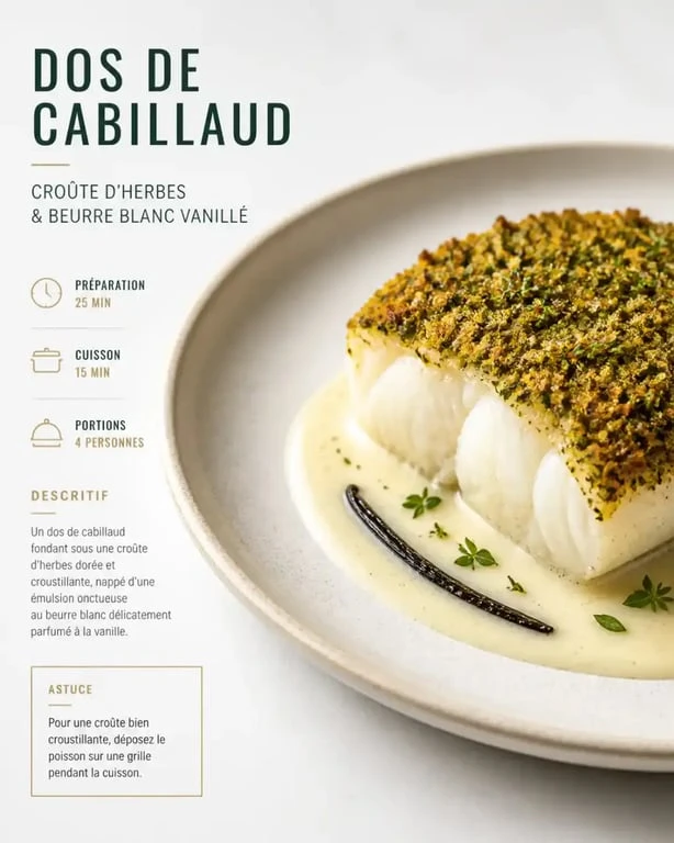 Recette gastronomique de dos de cabillaud en croûte d'herbes et beurre blanc vanillé