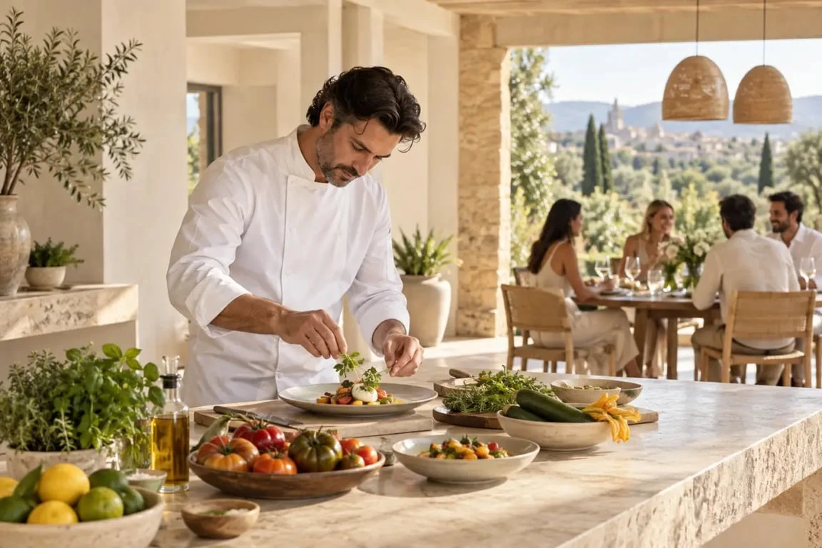 Saveur Provence chef à domicile dressant un plat méditerranéen dans une villa à Aix-en-Provence