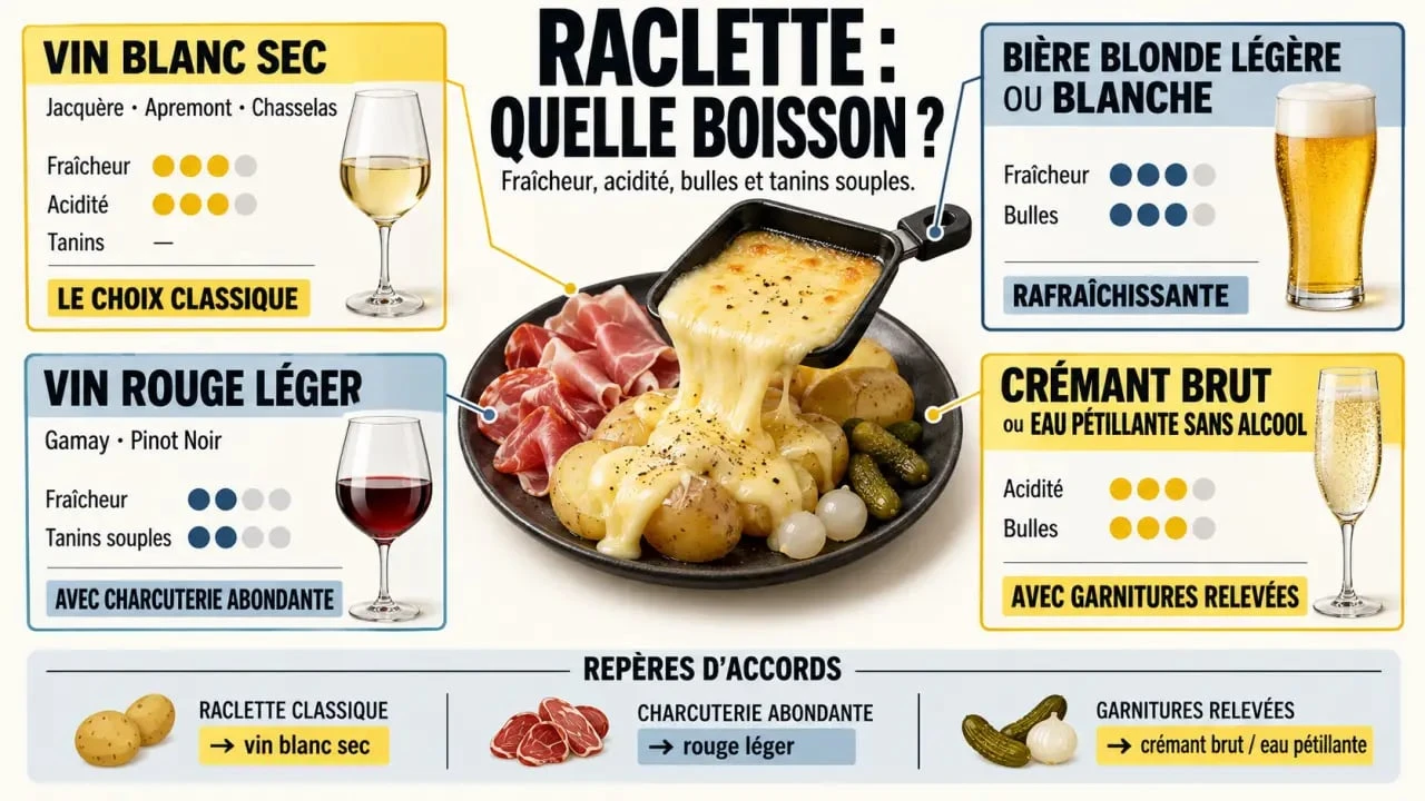 Infographie des boissons à choisir avec une raclette : vin blanc sec, vin rouge léger, bière, crémant et option sans alcool